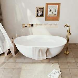 63 in. Stone Resin Flatbottom Solid Surface Freestanding Soaking Bathtub in White with Brass Drain and Towel Bar