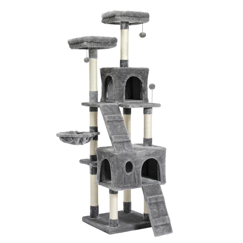 Kahomvis 69.3 in. H Wooden Cat Tree Cat Tower with 2-Condos