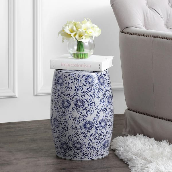 Lotus Blossom 17.5 in. Blue/White Chinoiserie Ceramic Drum Garden Stool