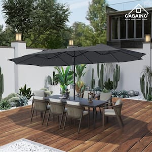 15 ft. Steel Market Patio Umbrella Double-Sided Twin Large Patio Umbrella with Base in Dark Gray