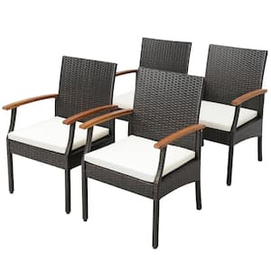 Set of 4 Outdoor PE Wicker Chairs Acacia Wood Armrests with White Soft Zippered Cushion