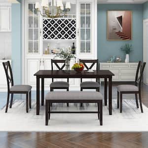 Espresso 6-Piece Kitchen Dining Table Set Wooden Rectangular Dining Table 4 Fabric Chairs and Bench for Family