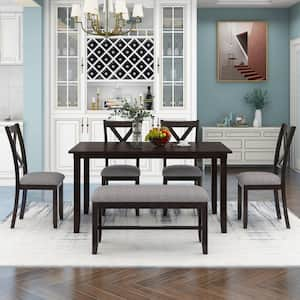 Espresso 6 Piece Kitchen Dining Table Set Wooden Rectangular