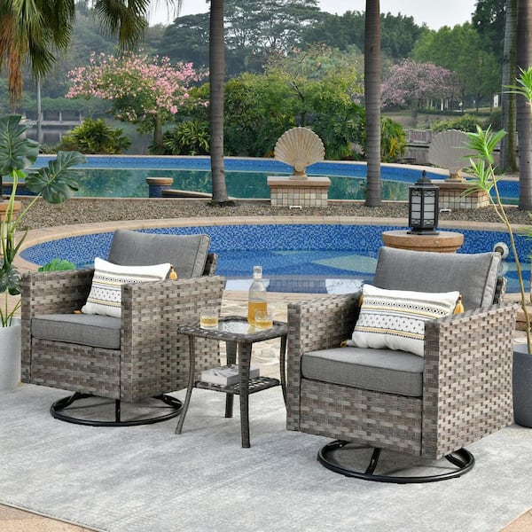 Marvel Gray 3-Piece Wicker Wide Arm Patio Conversation Set with Dark Gray Cushions and Swivel Rocking Chairs