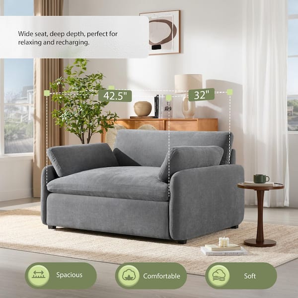 50 in. W Gray Chenille Fabric Oversized Arm Chair, Extra Deep Upholstered Lounge Chair with Pillows and Wood Frame