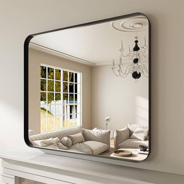 40 in. W x 36 in. H Rectangular Aluminum Framed Modern Black Rounded Wall Mirror