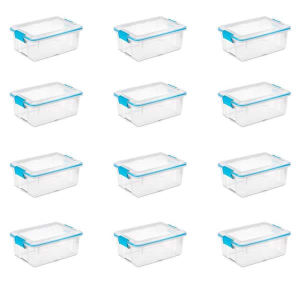 Sterilite 80 Qt Gasket Box, Stackable Storage Bin with Latching Lid and  Tight Seal Plastic Container to Organize Basement, Clear Base and Lid,  12-Pack