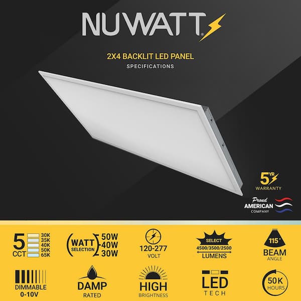 2 ft. x 4 ft. Drop Ceiling Backlit Integrated LED Panel 5CCT 30K-65K Color & Lumens Selectable Dimmable 120-277V (4-PK)