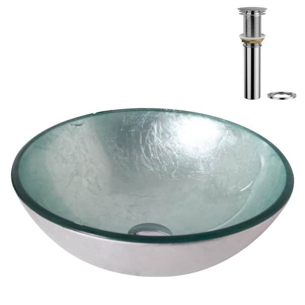 Logmey 15.5 in. Round Vessel Sink Glass Bathroom Sink with Drain in Silver Glass
