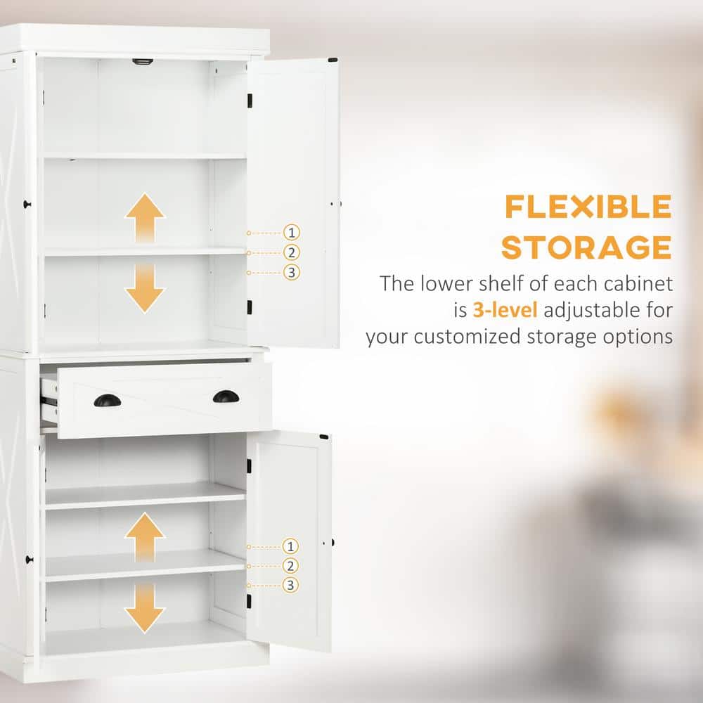 White Freestanding 4-Door Kitchen Pantry Cabinet with Drawer