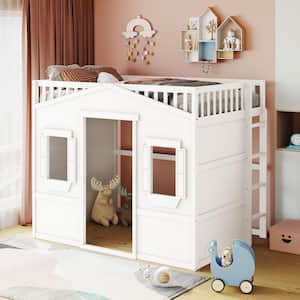 White Full Size Wood House Loft Bed with Ladder