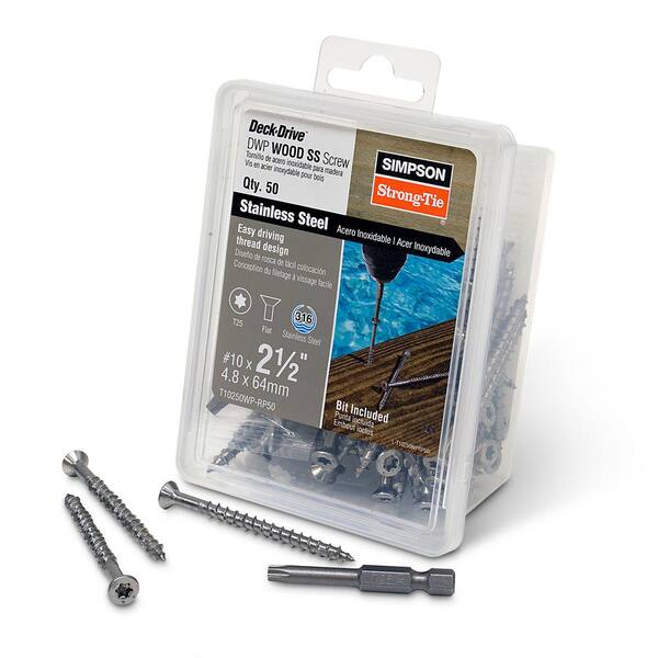 Simpson Strong Tie T10250WP1 Deck-Drive DWP #10 2-1/2 316 Stainless Steel Flat T25 Wood Screw 1 lb per Box Simpson Strong Tie T10250WP1 Deck-Drive DWP #10 2-1/2 316 Stainless Steel Flat T25 Wood Screw 1 lb per Box