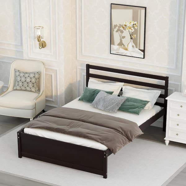 GODEER Brown Wood Frame Full Size Platform Bed with Headboard