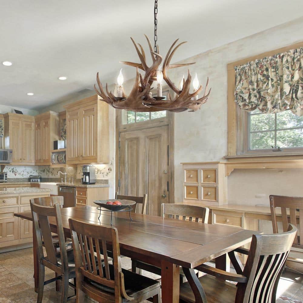 Nelle Adjustable 28.5" Brown Resin Antler 6-Light Chandelier