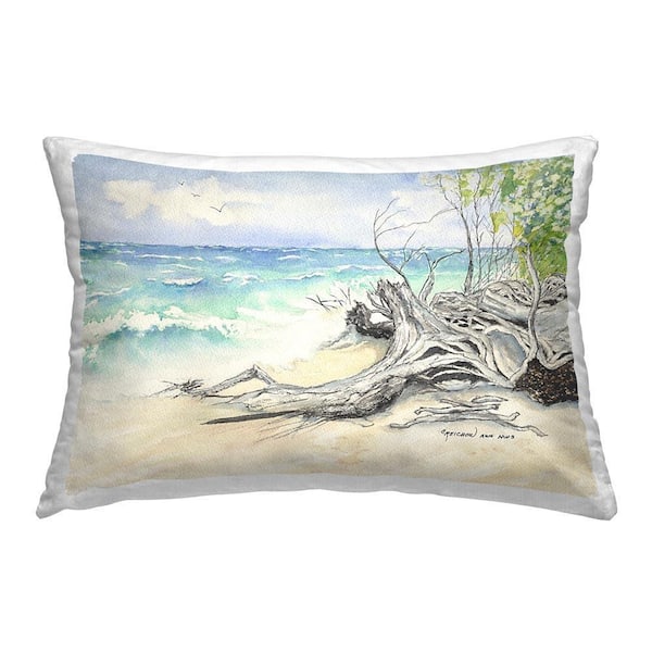 Driftwood on Tropical Shore Blue Print Polyester 14 in. x 20 in. Throw Pillow