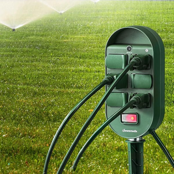 Outdoor Photocell Power Stake Timer with 6FT Extension Cord & 6 Grounded Outlets, 100FT Control Range for Lights, Yard