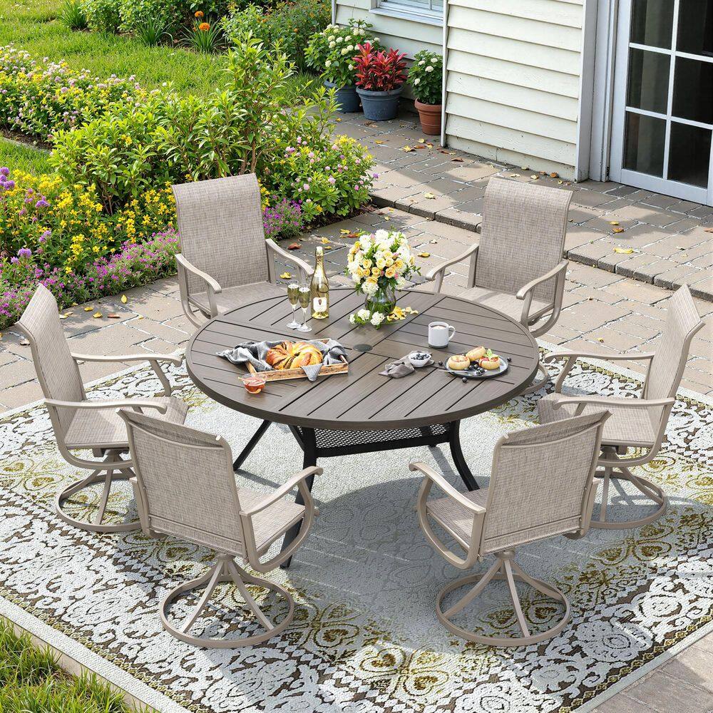7-Piece Patio Dining Set with 47.2 in. Grey Wood-Like Round Dining Table and 6 Sandshell Textilene Swivel Dining Chairs price history on PriceWatchPro