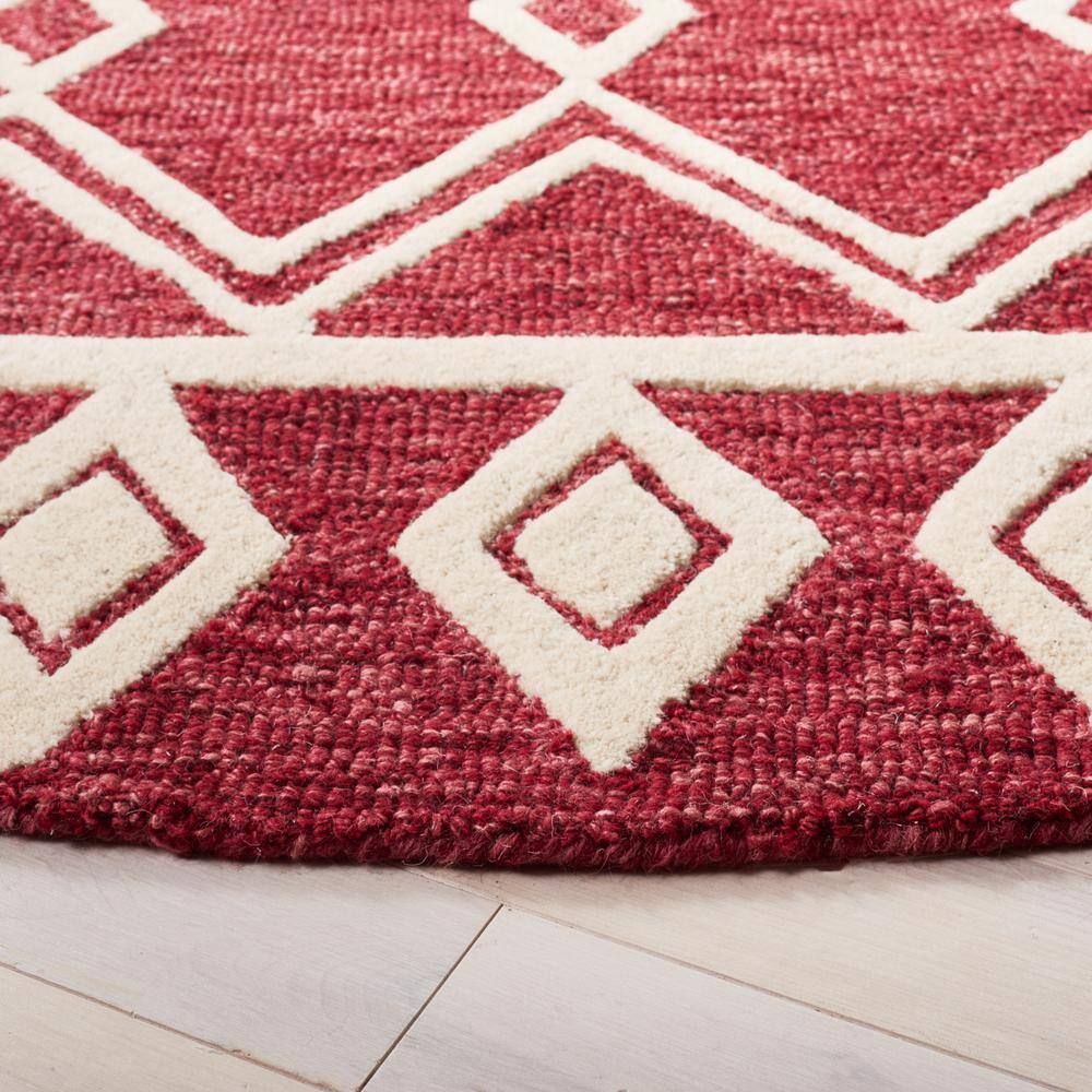 Handmade Red and Ivory Wool Abstract Round Rug, 6' x 6'