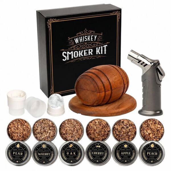 Natural Wood 11-Piece Cocktail Smoker Kit with Torch, 2 Glasses and 2 Ice Ball Molds
