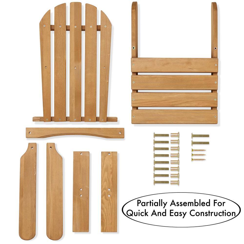 Disassembled parts of a wooden Adirondack chair including slats, frame, and hardware.