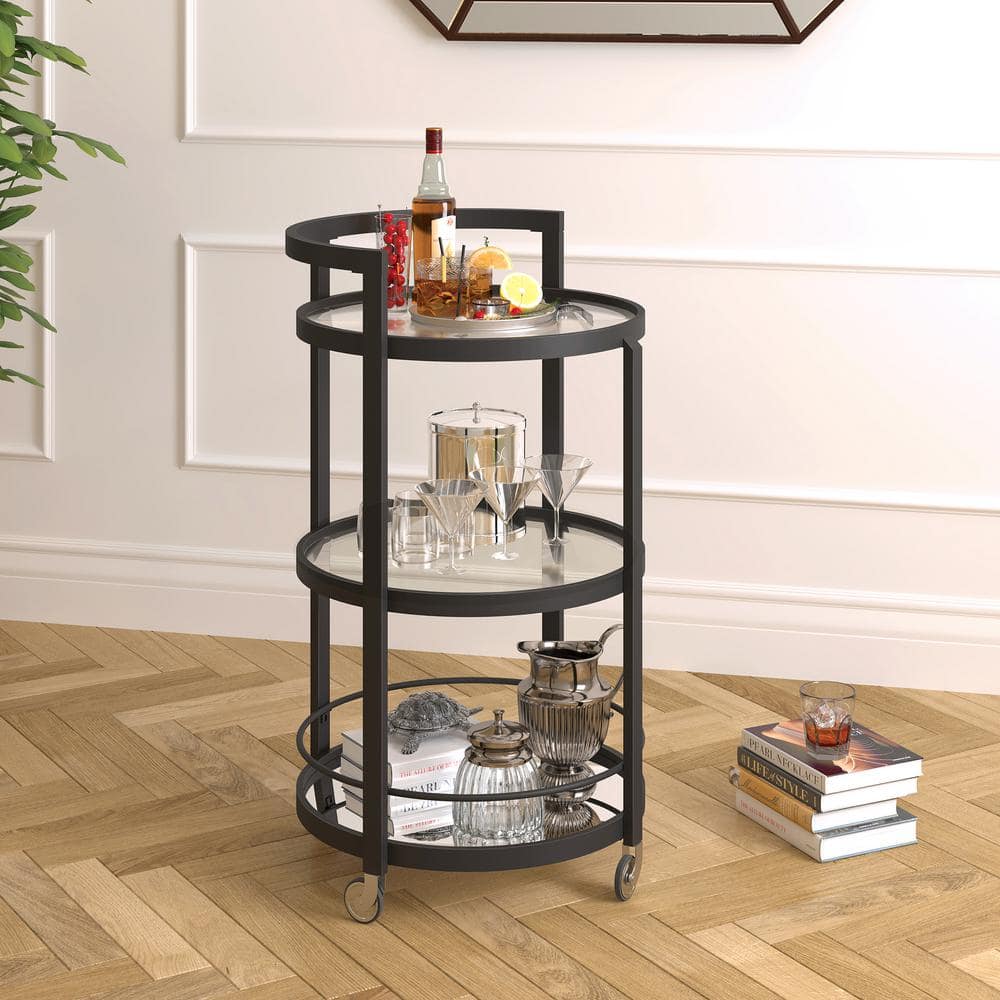 Bronze-Tinted Glass and Blackened Steel Round Bar Cart with Wine Rack
