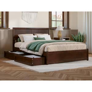 Lylah Walnut Brown Solid Wood Frame Full Platform Bed with Panel Footboard and Storage Drawers