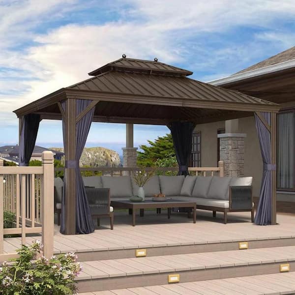 PURPLE LEAF 11 ft. x 13 ft. Bronze Aluminum PowerCoated Frame Galvanized Steel Double Roof Hardtop Gazebo Hooks Netting Blue Curtain