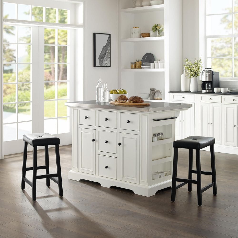 Julia White Stainless Steel Top Kitchen Island with Saddle Stools