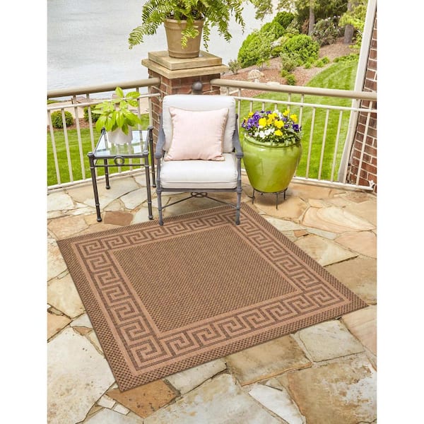 Outdoor Greek Key Brown 6' 0 x 6' 0 Square Rug