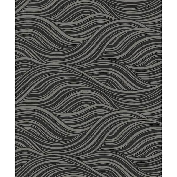 Seabrook Designs 57.5 sq. ft. Metallic Charcoal and Black Melody Waves Unpasted Nonwoven Paper Wallpaper Roll