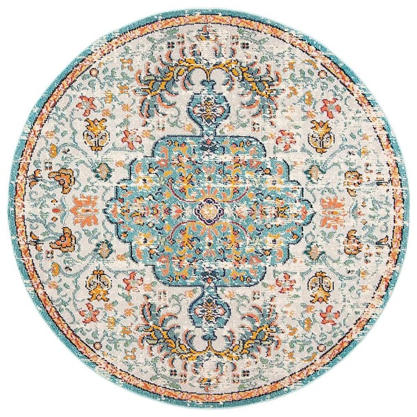 Unbranded Light Blue Polypropylene 6 ft. 7 in. x 6 ft. 7 in. Medallion Indoor Round Area Rug