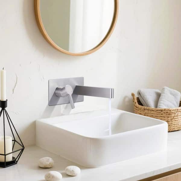 Single Handle Wall Bathroom Mount Faucet with Brass and Stainless Steel in Brushed Nickel