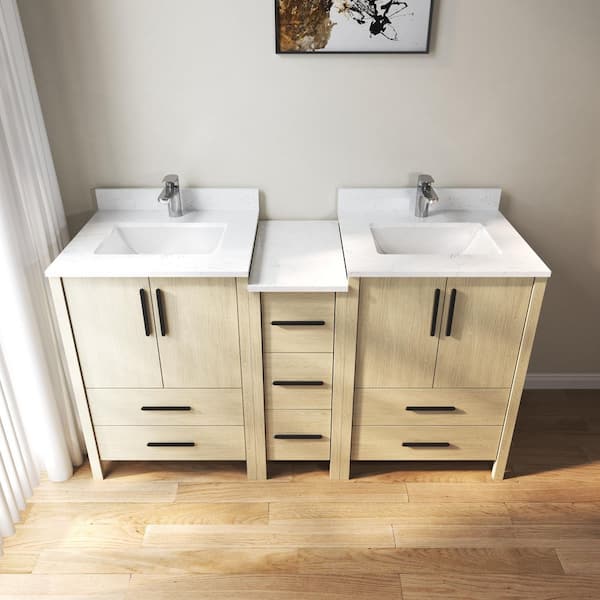 60 in. W x 22 in. D x 34 in. H Double Sink Freestanding Bath Vanity in Oak with White Carrara Cultured Marble Top