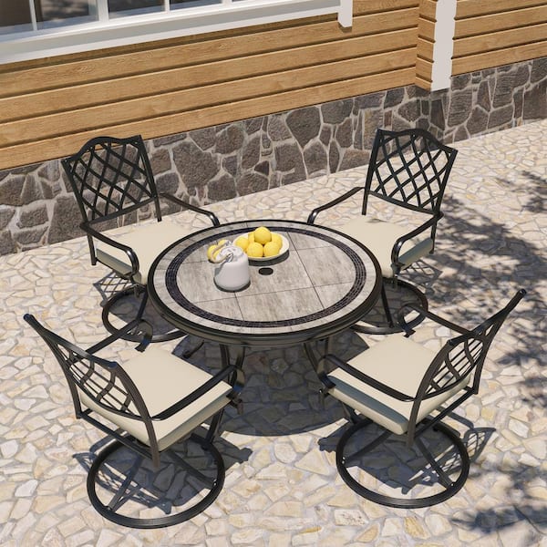 Unbranded 48 in. W Aluminum Ceramic Tile Top Round Dining Table with Umbrella Hole Not included Chair