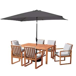 8 Piece Set, Weston Wood Outdoor Dining Table Set with 6 Cushioned Chairs, 10-Foot Rectangular Umbrella Gray