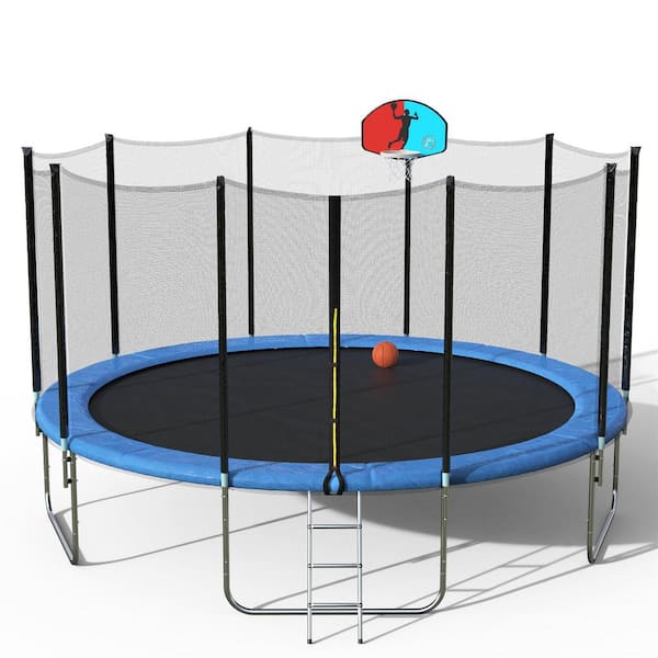 Wet en regelgeving Ontdek mist Tatayosi 15 ft. Blue Outdoor Round Trampoline with Safety Enclosure,  Basketball Hoop and Ladder DJYC-H-SM000070CAA - The Home Depot