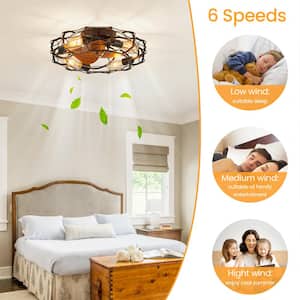 20 in. 4-Light Indoor Black Low Profile Ceiling Fan with Light Farmhouse Caged Ceiling Fan with Remote Wood Grain Blades