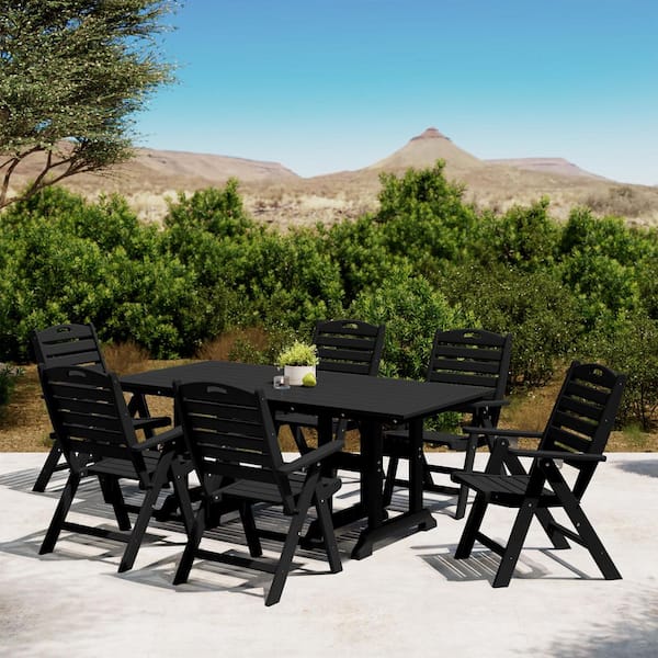 Laguna Outdoor All Weather HDPE Plastic 7-Piece Highback Folding Chairs, Rectangle Table Patio Dining Set, Black