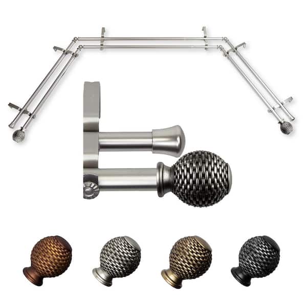 EMOH Aeliana 20-36 in. sides, 38-72 in. center Adjustable Bay Window Double Curtain Rod 13/16 in. in Satin Nickel with Finial