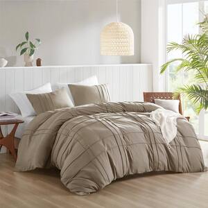 Porter 3-Piece Khaki Microfiber Queen Soft Washed Pleated Duvet Cover Set