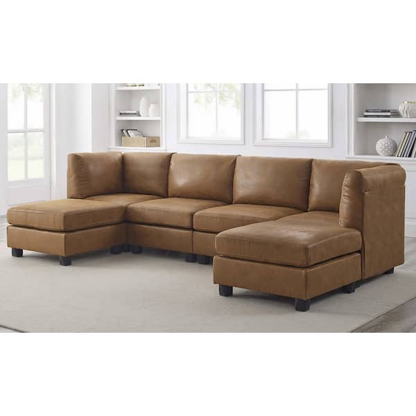 Nina Modern 120 in. 6-Piece Faux Leather Modular Sectional Sofa in. Brown with 2 Ottomans Removable Cushions