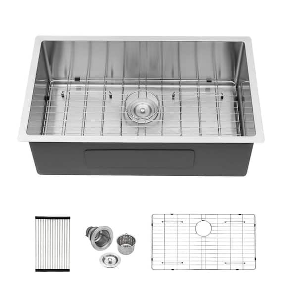 Sarlai 16-Gauge Stainless Steel 32 in. Single Bowl Undermount Kitchen Sink with Bottom Grid