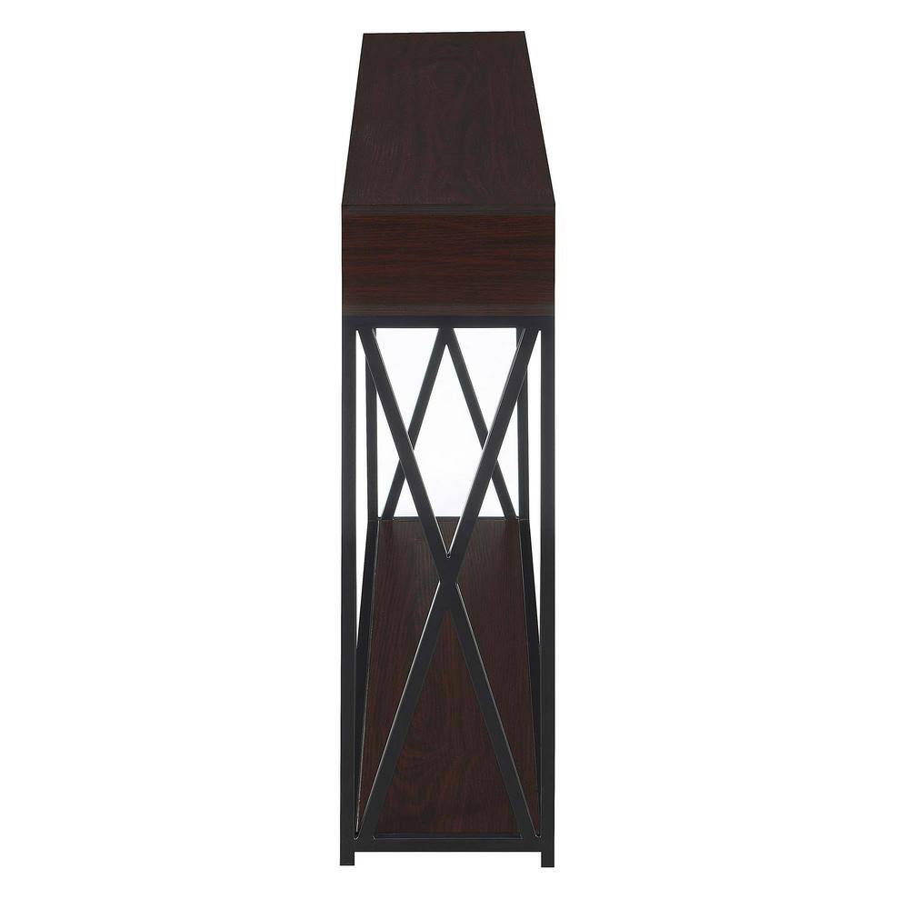 Espresso and Black Dual-Tiered Metal & Wood Console Table with Storage