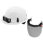 BOLT White Type 1 Class C Front Brim Vented Hard Hat with 4 Point Ratcheting Suspension with Smoke Full Face Shield