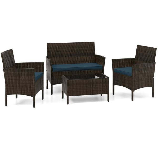 SKONYON 4 Piece Wicker Patio Conversation Set with Cushions and Glass ...