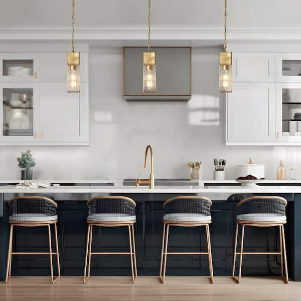 Mid-Century Modern Kitchen Island Tube Pendant Light 1-Light Antique Gold Pendant Light with Cracked-Like Glass Shade