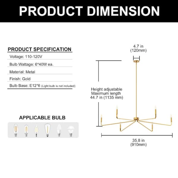 YANSUN 6-Light Gold Farmhouse Chandelier, Brushed Brass Candle