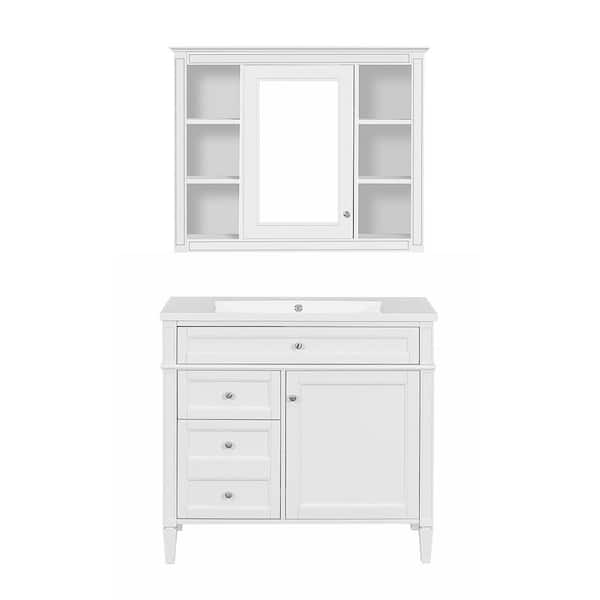 Adrinfly 36 in. White Modern Bath Vanity Storage Set with Single Top Sink 2-Soft Closing Doors Mirror Cabinet, Resin Top Material