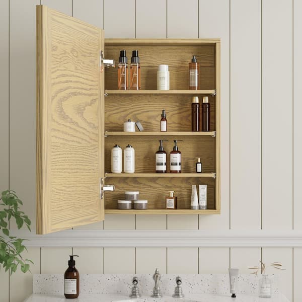 Tara 24 in. W x 30 in. H Rectangular Wood Medicine Cabinet with Mirror, Reversible Door, Fully Assembled, Oak