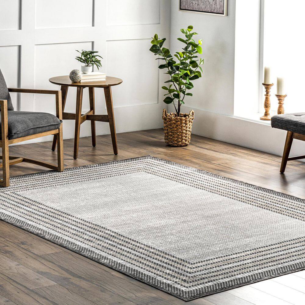 nuLOOM Anya Machine Washable Casual Border Gray 5 ft. x 8 ft. Area Rug